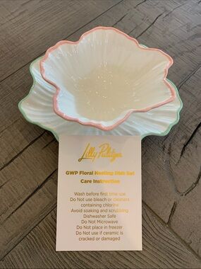 Lilly Pulitzer White Floral Nesting Dish Set with Pink & Mint Trim